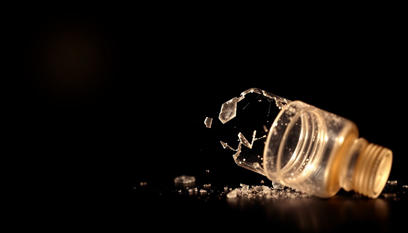 An extreme close-up photograph of a shattered glass vial or drug paraphernalia, capturing the stark, gritty details and dramatic lighting to conceptually illustrate the investigation into the fentanyl crisis and its devastating impact on families.