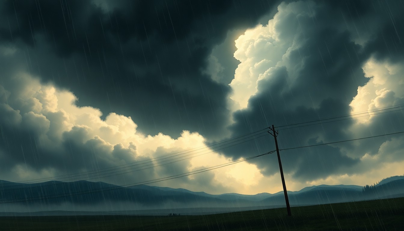 A sweeping, atmospheric landscape painting in muted tones of gray, blue, and green, with a downed power line and utility pole obscured by heavy rain and turbulent clouds, conveying the overwhelming power of nature and the vulnerability of urban systems.