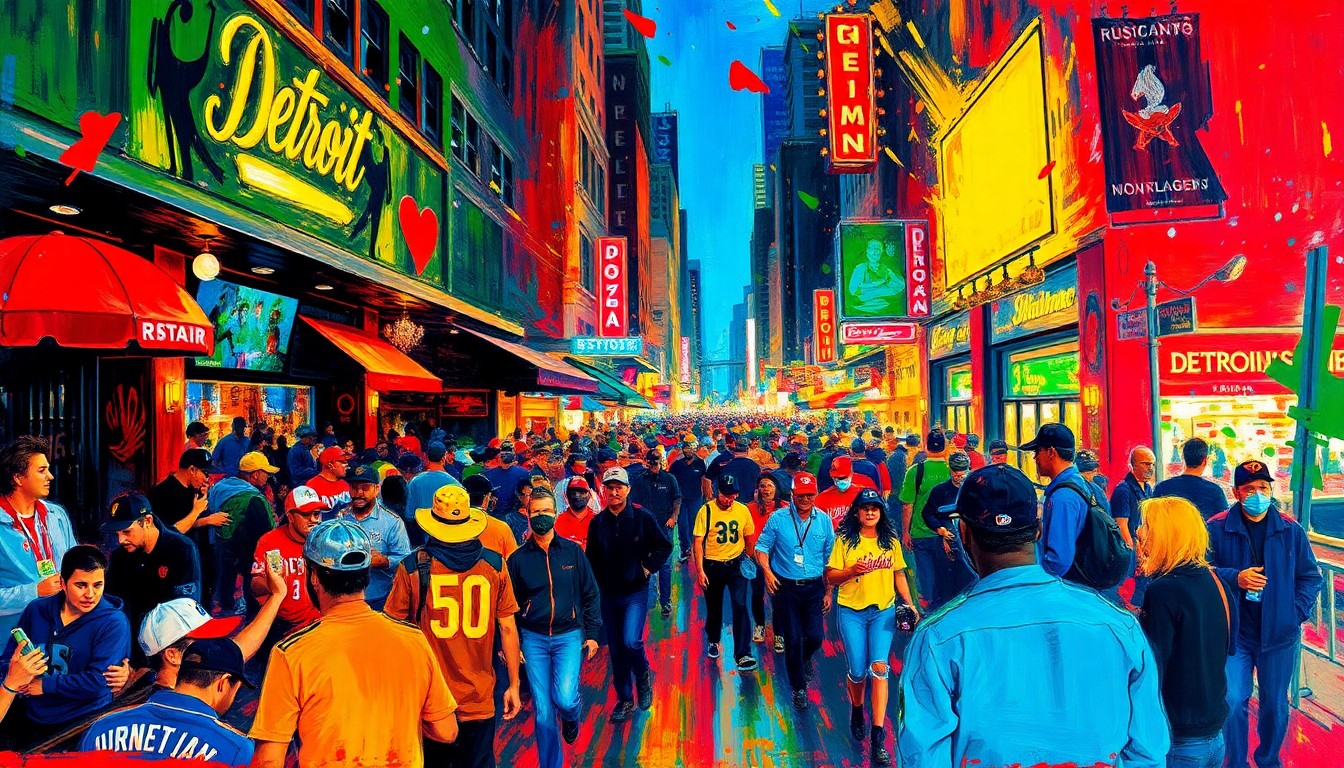 An abstract expressionist painting in vibrant neon colors, capturing the frenetic energy and excitement of a crowded downtown Detroit street on Opening Day, with indistinct figures of fans spilling out of nearby businesses.