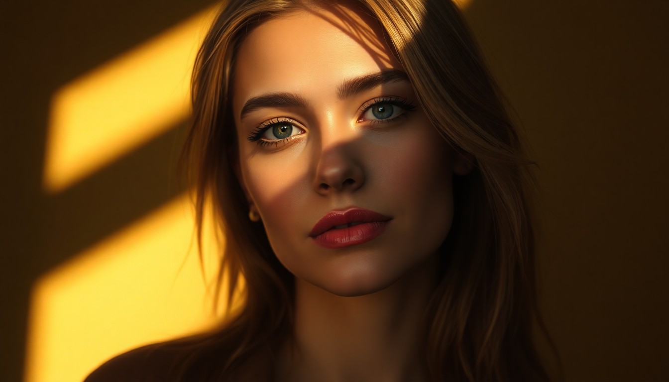 A close-up portrait of a woman's face bathed in warm, golden light, with soft shadows accentuating her natural features. The painting conveys a sense of calm, confidence, and inner radiance.