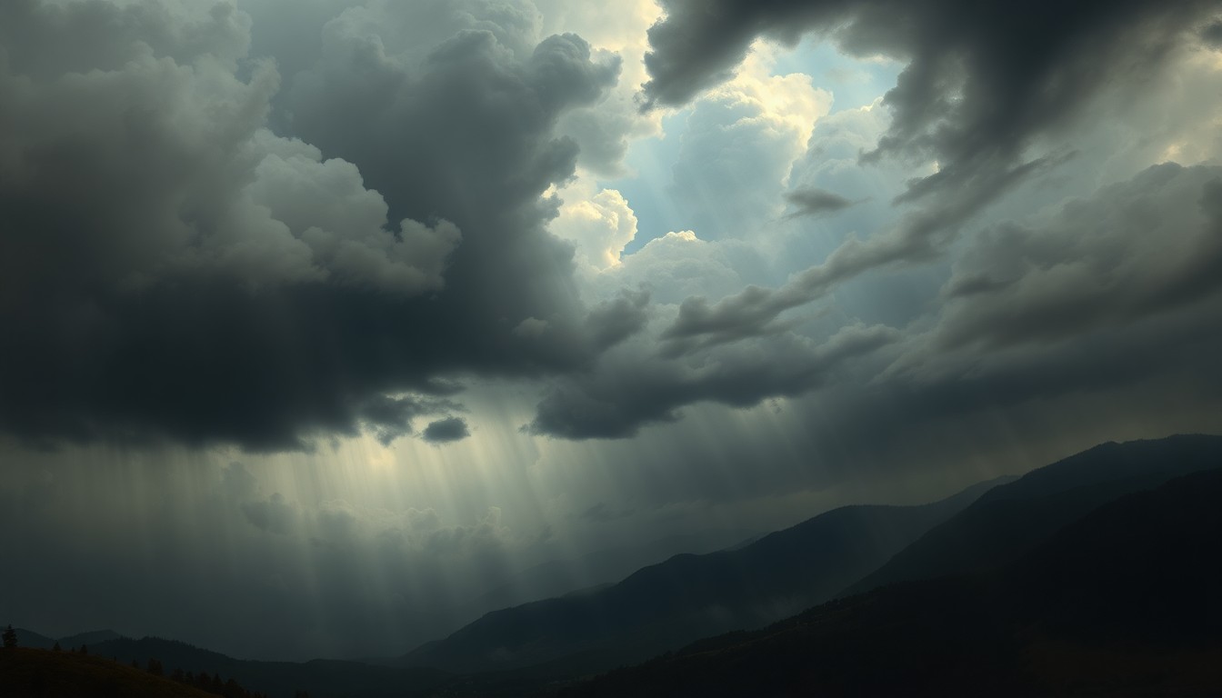 A sweeping, atmospheric landscape painting depicting a dramatic, stormy sky filled with ominous clouds and heavy rain, conveying the overwhelming power and scale of nature as it bears down on the landscape below.