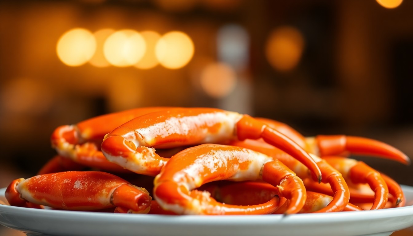 An extremely abstracted, out-of-focus photograph of a plate of fresh stone crab claws, their vibrant orange-red shells glistening against a blurred background of warm, golden light, conceptually representing the new restaurant's focus on high-quality, sustainably sourced seafood.