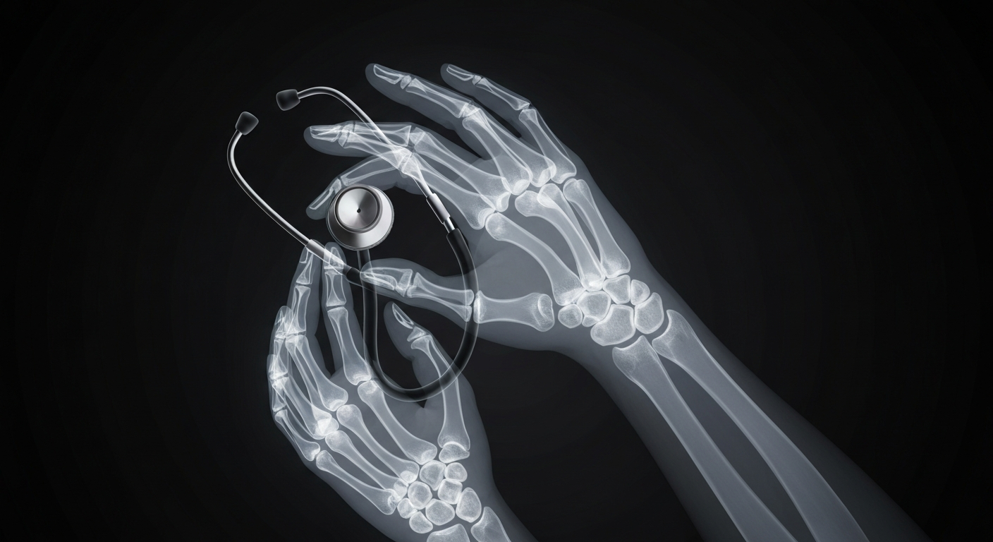 A translucent X-ray photograph showing the internal structure of a nurse's hands holding a stethoscope, conveying the depth of experience and knowledge these international clinicians bring to mentor new nursing graduates.