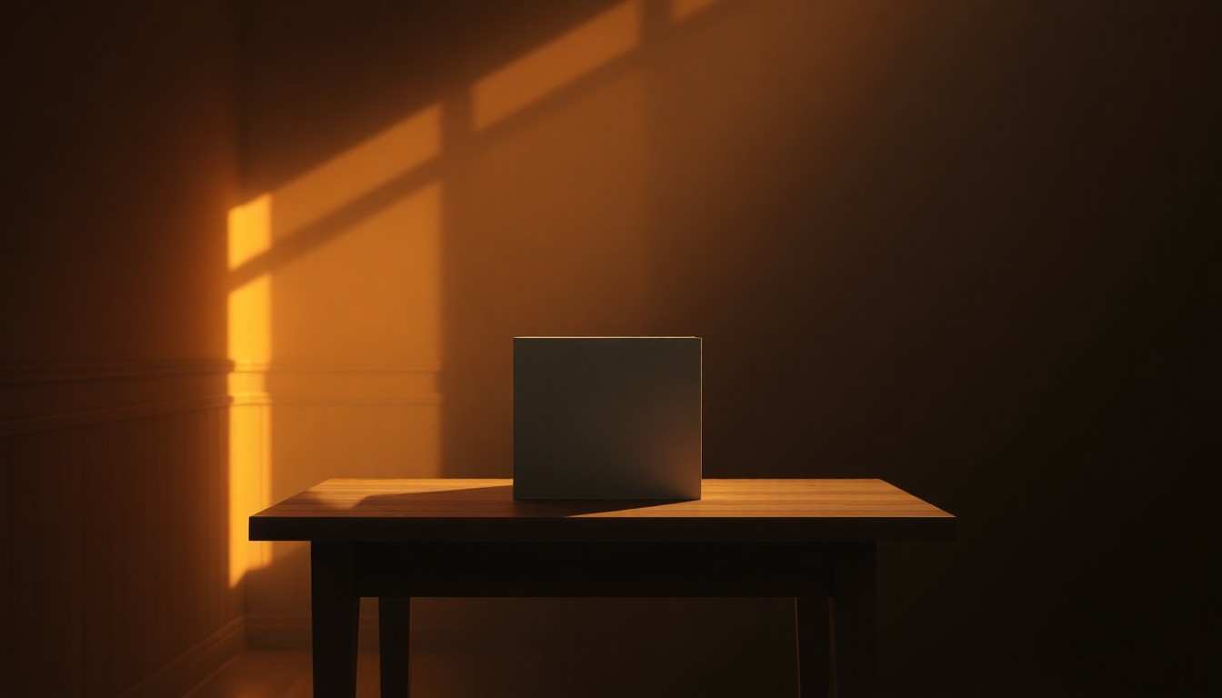 A close-up view of a wooden ballot box sitting on a table, with the box partially obscured by deep shadows and warm, directional lighting, creating a somber, cinematic mood that reflects the gravity of the situation.