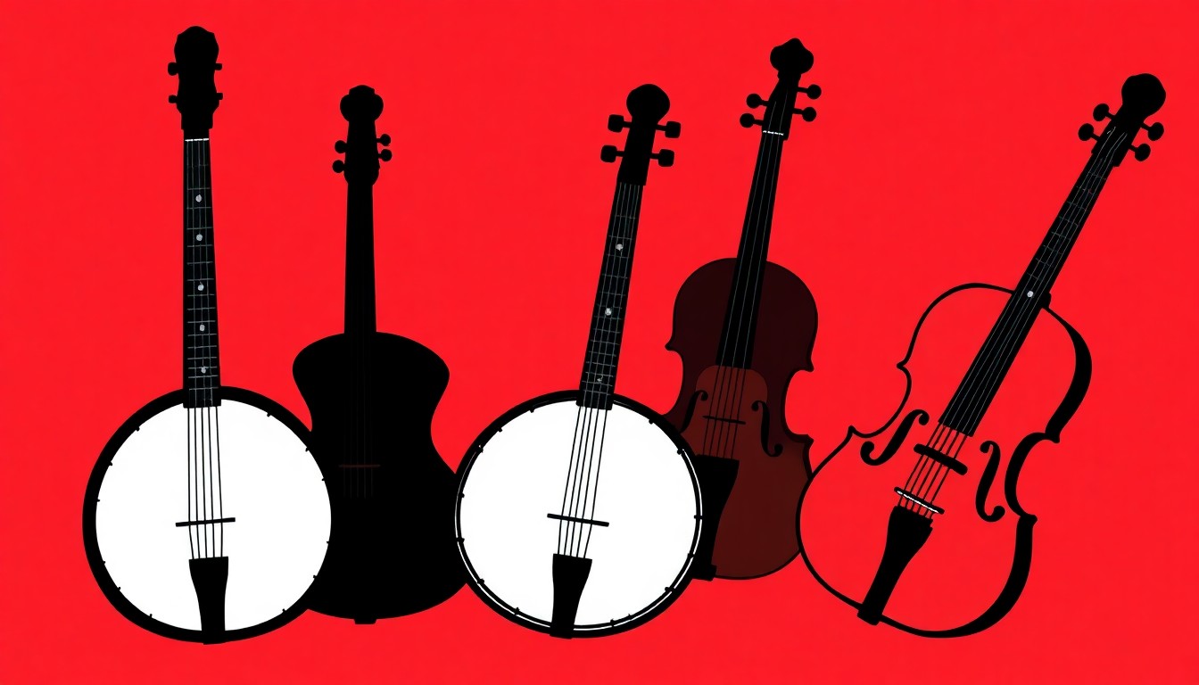 An abstract illustration featuring jagged black silhouettes of bluegrass instruments like banjos and fiddles set against a high-contrast background of solid red and white colors, conceptually representing the energy and spirit of a community music festival.