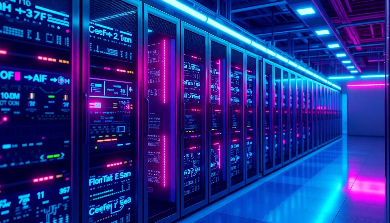 A highly detailed, glowing 3D illustration of a futuristic data center server rack, with neon cyan and magenta lights illuminating the complex digital infrastructure, conceptually representing the tensions between technological progress and public concerns over AI deployment.