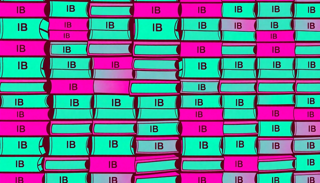A brightly colored, high-contrast silkscreen print of a stack of textbooks in shades of blue, green, and orange, repeated in a tight grid pattern to create a modern pop art representation of educational achievement.