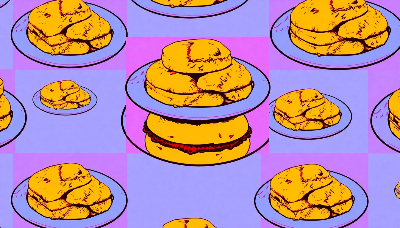 A vibrant, pop art-inspired grid of a single, iconic Pensacola restaurant dish, rendered in bold, neon-like colors and heavy black outlines, conceptually representing the city's dynamic dining landscape.