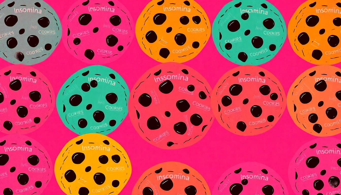 A highly stylized, pop art-inspired illustration featuring a repeating grid of a single, iconic chocolate chip cookie in vibrant neon colors and bold black outlines, conceptually representing the opening of a new Insomnia Cookies location in downtown Pensacola.