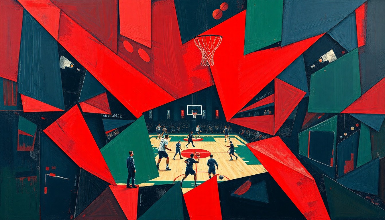 A fragmented, cubist-style painting depicting an abstract sports scene, with sharp geometric shapes in deep red, navy, and green tones conveying the energy and movement of athletic competition.