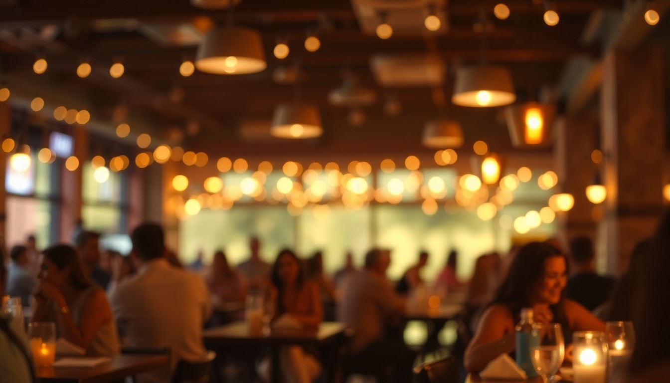 An abstract, out-of-focus photograph featuring blurred shapes and colors that evoke the lively atmosphere of a Tallahassee brunch scene.