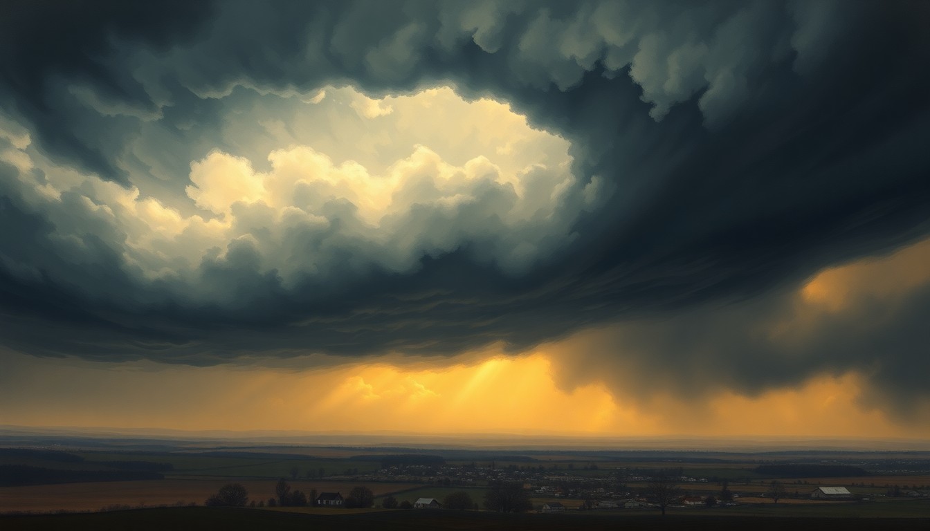 A vast, majestic landscape painting in muted tones, with a swirling, ominous storm system dominating the sky over a rural town, conveying the overwhelming, sublime power of the natural forces at play.