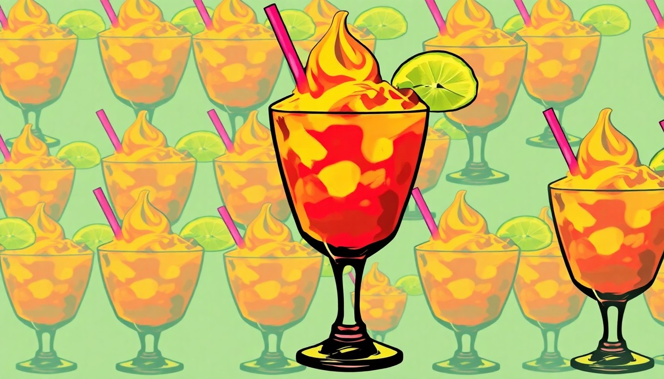 A vibrant, high-contrast silkscreen print featuring a repeated image of a tall glass filled with a soft serve margarita in shades of neon pink, lime green, and electric blue, conceptually representing the growing popularity of this trendy cocktail in Louisville's dining scene.