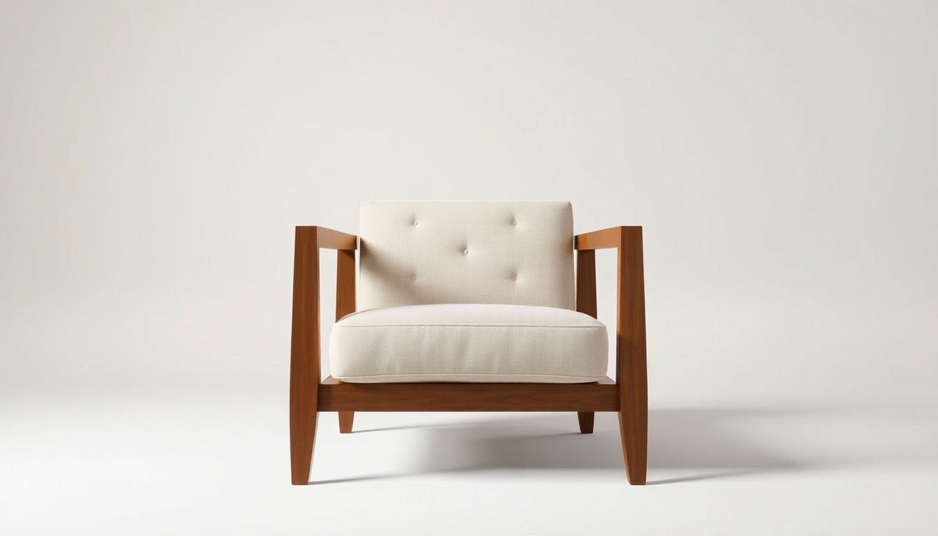 A high-end, photorealistic studio still-life photograph featuring a polished, geometric wooden chair frame and a plush upholstered seat cushion, arranged elegantly on a clean, monochromatic background to represent the craftsmanship and design focus of Bassett Furniture's products.