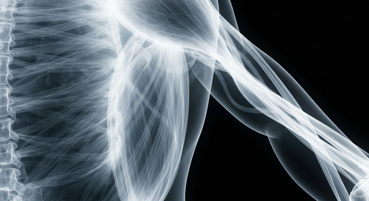 A translucent, ghostly X-ray photograph revealing the intricate structure of human muscle fibers and sinews, conveying the biological complexity of the condition targeted by PepGen's investigational therapy.