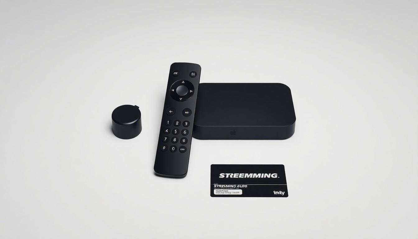 A minimalist, high-contrast studio photograph featuring a remote control, streaming device, and subscription card, conveying the abstract concept of the evolving streaming media landscape.