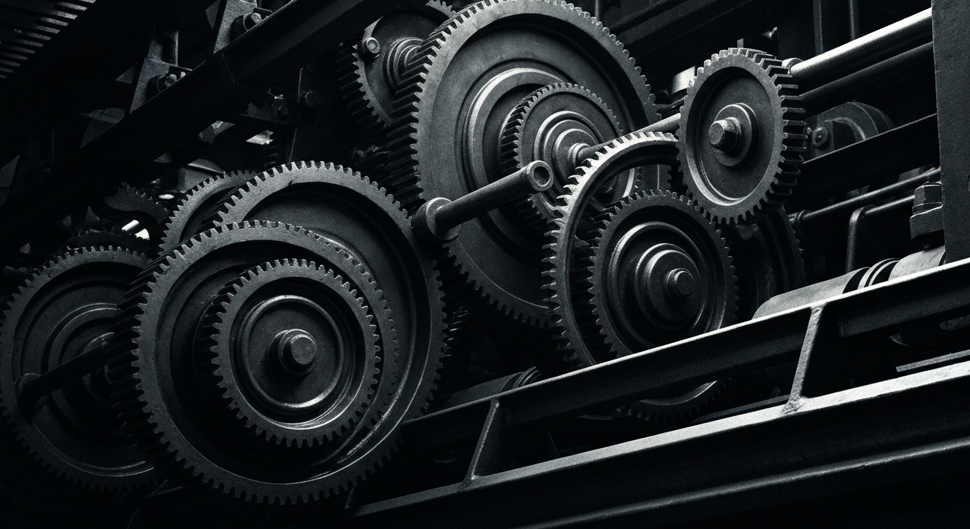 An extreme close-up of the gears, levers, and mechanisms of a banking system, captured in high contrast and dramatic lighting to represent the intricate financial systems that drive economic activity.
