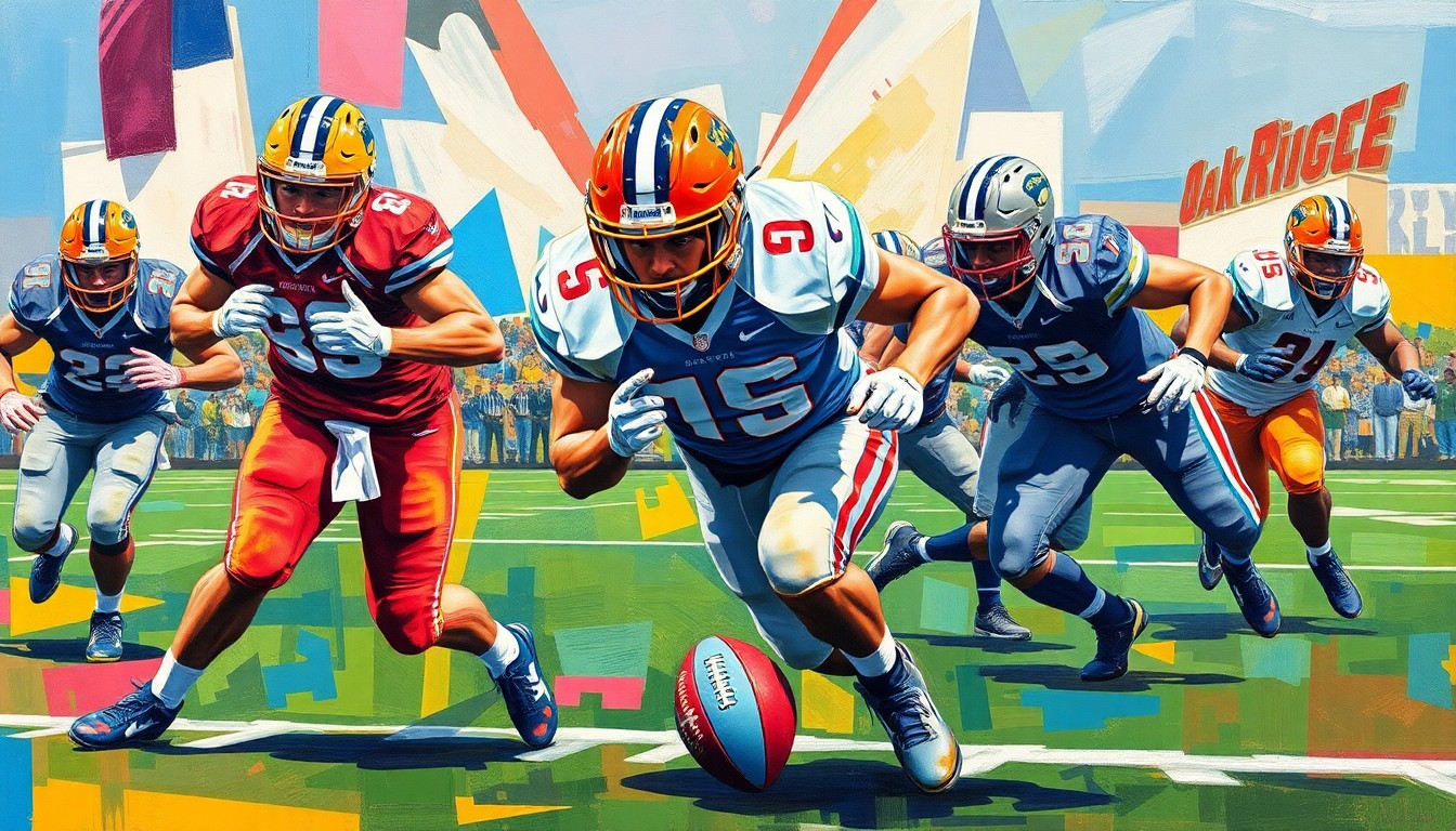 A cubist, geometric painting depicting the explosive movements of a defensive end on the football field, with sharp planes of color representing the Oak Ridge High School team colors.