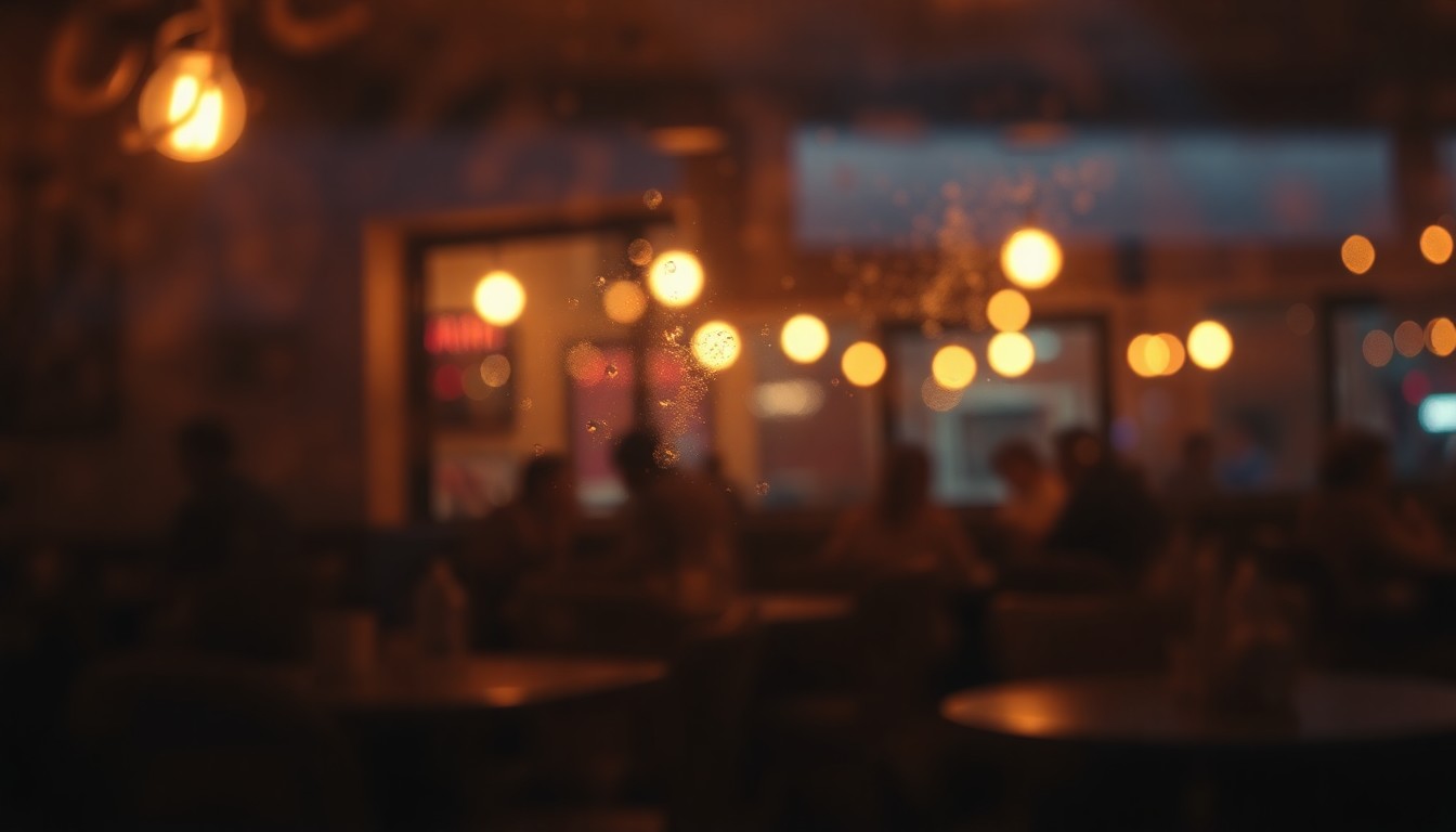 An extremely abstracted, out-of-focus photograph in warm tones, depicting a cozy brunch scene with soft pools of light and color, conveying the intimate, relaxed atmosphere of the North Street Grille restaurant.
