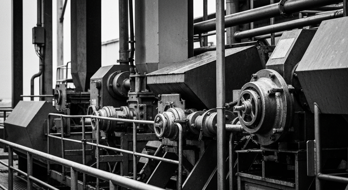 A high-contrast black and white close-up photograph of the gears, pipes, and machinery used in an industrial food processing facility, conveying the scale and complexity of Smithfield Foods' operations as a major pork producer.