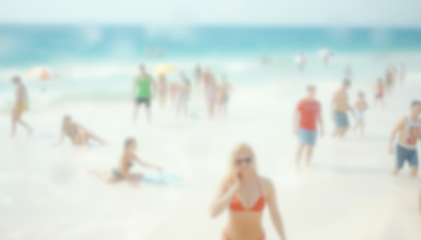 An abstract, impressionistic scene of beachgoers in the distance, their figures obscured by layers of soft, blurred color and light, conveying a sense of tranquility and relaxation along the Alabama coastline.
