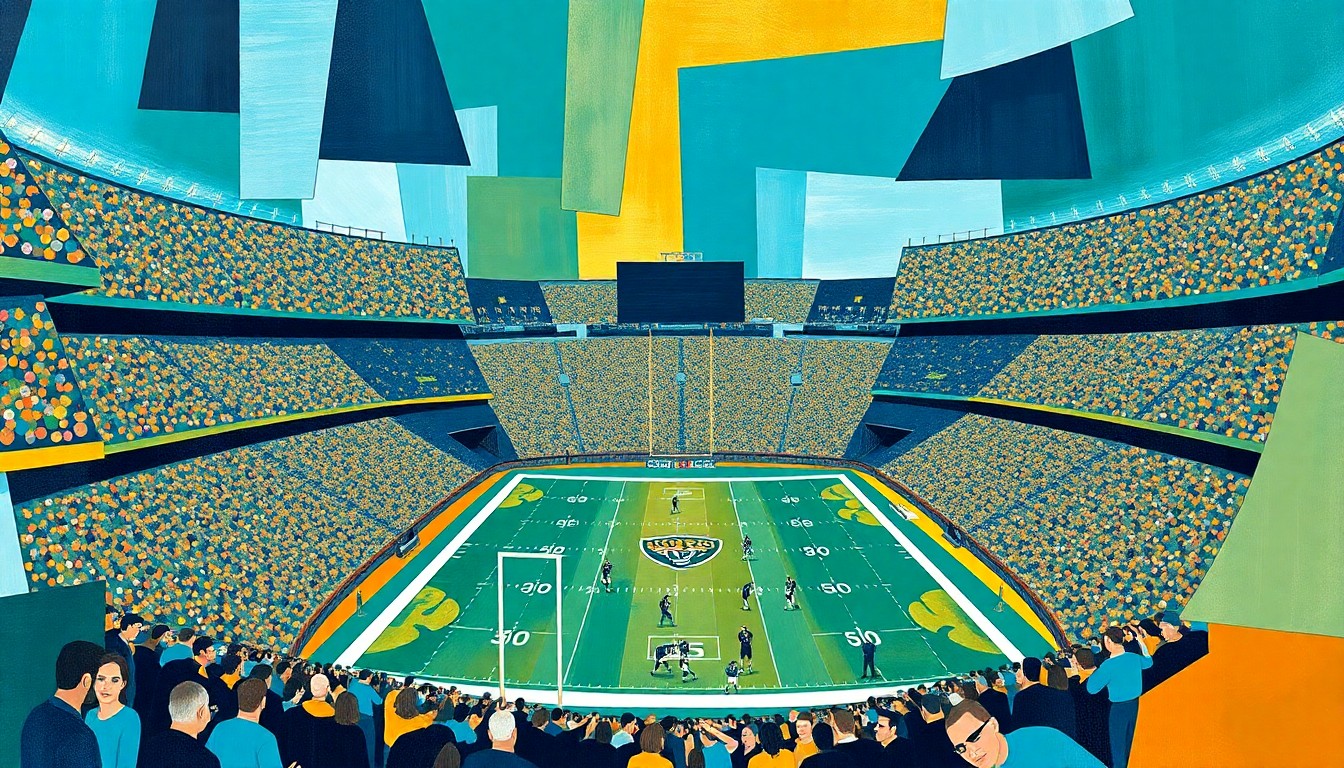 A cubist, geometric painting depicting a fractured, multi-perspective view of a football stadium and players on the field, using the Jaguars' team colors of teal, gold, and navy blue to conceptually represent the franchise's relocation to Orlando.