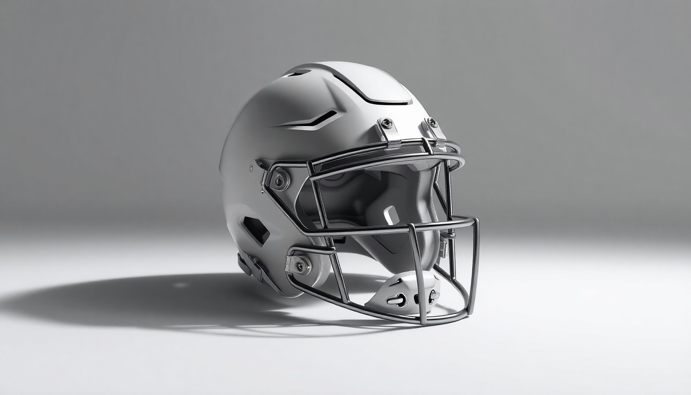 A high-end, photorealistic studio still-life photograph featuring a sleek, modern football helmet made of polished metal and glass, resting on a clean, monochromatic seamless background. The helmet is lit dramatically with sharp shadows, symbolizing the partnership between Emplify Health and the Titletown district's football field.