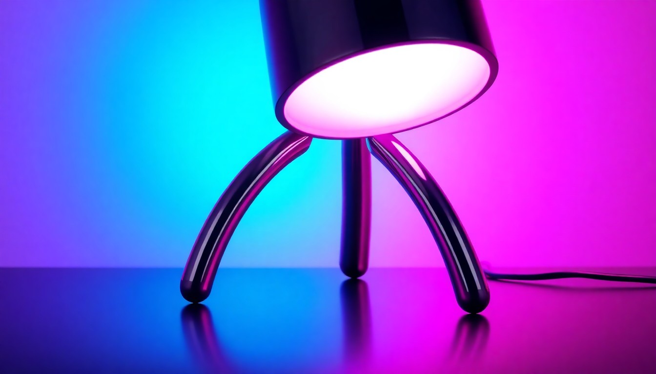 A highly detailed, glowing 3D macro illustration of a desk lamp with four curved metallic legs illuminated by neon cyan and magenta lights. The lamp's polished chrome body and matte white diffuser disc are highlighted, creating a sense of tangible, high-tech physicality.