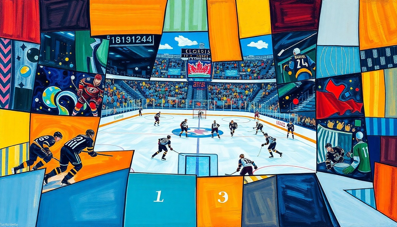 A fractured, multi-perspective painting depicting a hockey game, with the players and ice rink broken down into sharp, overlapping geometric shapes and planes in vibrant colors.