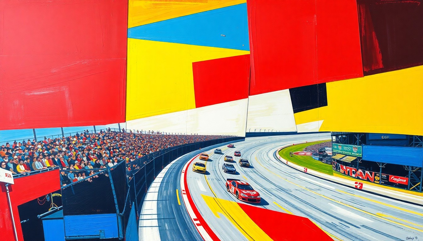 A cubist-style painting depicting a NASCAR race at Rockingham Speedway, with the cars and track broken down into sharp, overlapping geometric shapes in vibrant colors.