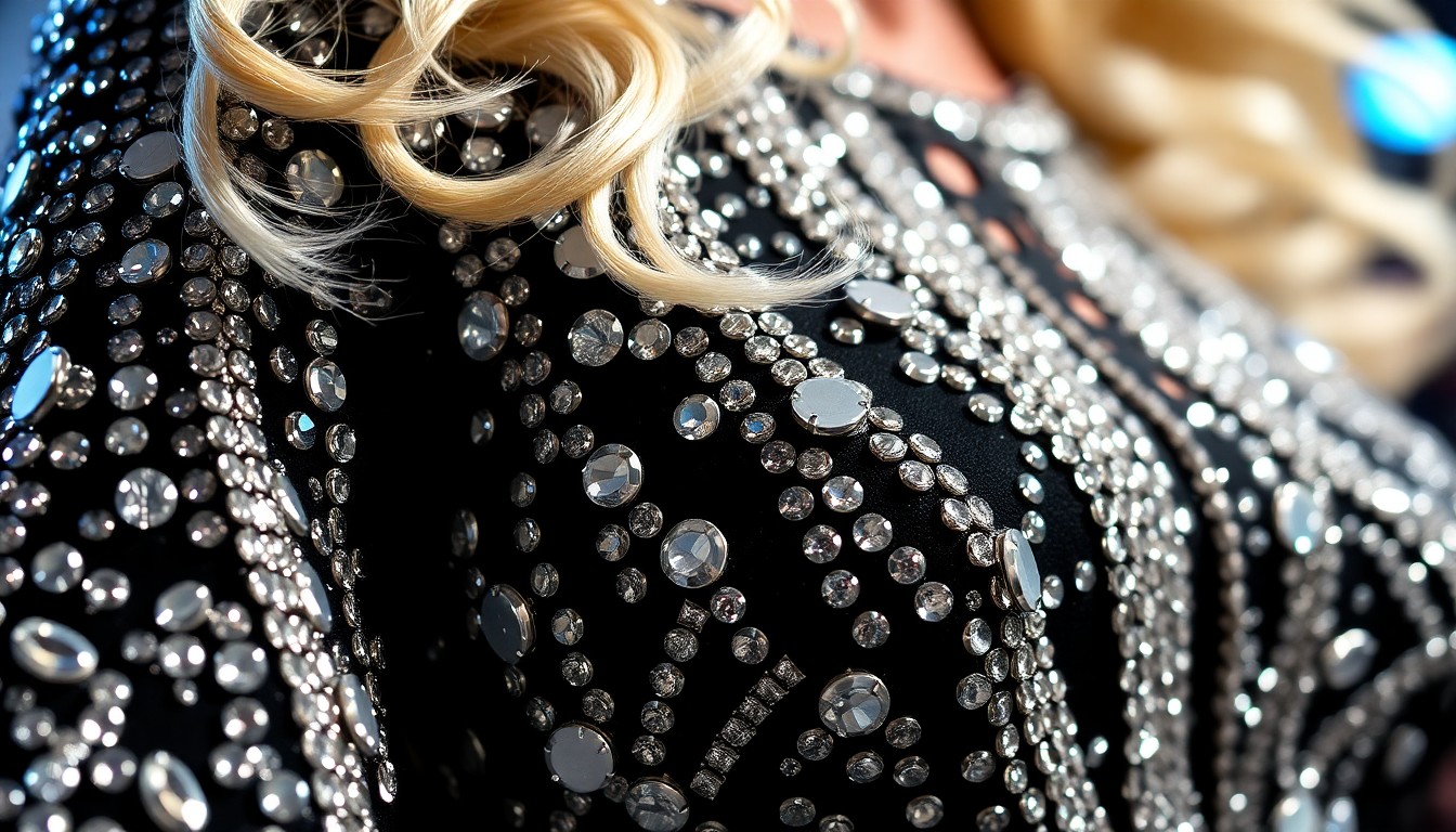 An extreme close-up photograph of a sparkling, sequin-covered fabric texture in dramatic high-contrast lighting, conceptually representing the glamour and star power Dolly Parton will bring to the children's hospital.