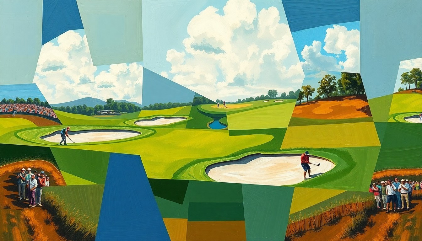 A cubist, geometric painting depicting a golf tournament, with overlapping planes of green fairways, sand traps, and golfers swinging their clubs in motion.