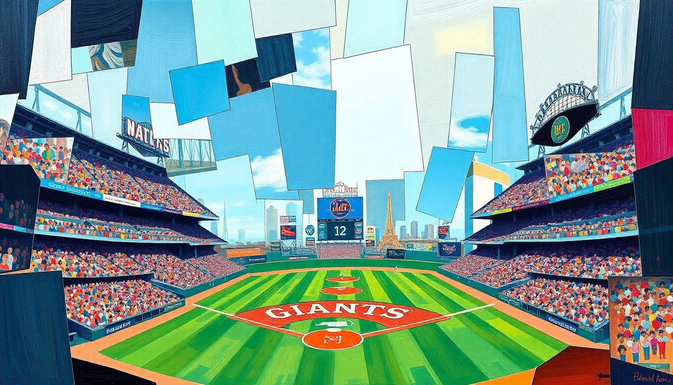A cubist-style painting featuring overlapping geometric shapes and planes in shades of blue, orange, and green, representing the action and movement of a baseball game between two teams.