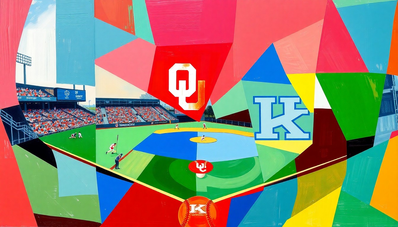 A cubist, geometric painting depicting the dynamic action of a softball game, with the overlapping planes and shapes representing the competitive energy between the OU and Kentucky teams.