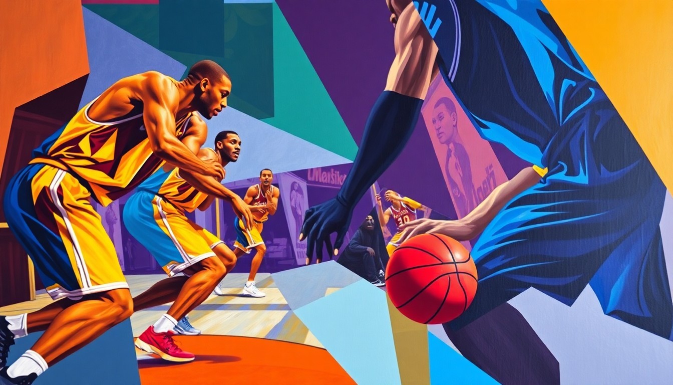 A cubist, geometric painting depicting an abstract NBA basketball game, with the players' bodies and the ball broken down into overlapping planes of vibrant colors like blue, orange, and purple.
