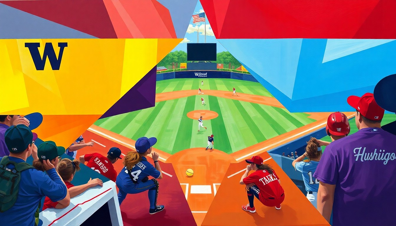A cubist, geometric painting depicting a softball game, with sharp, overlapping planes of color representing the players and action on the field.