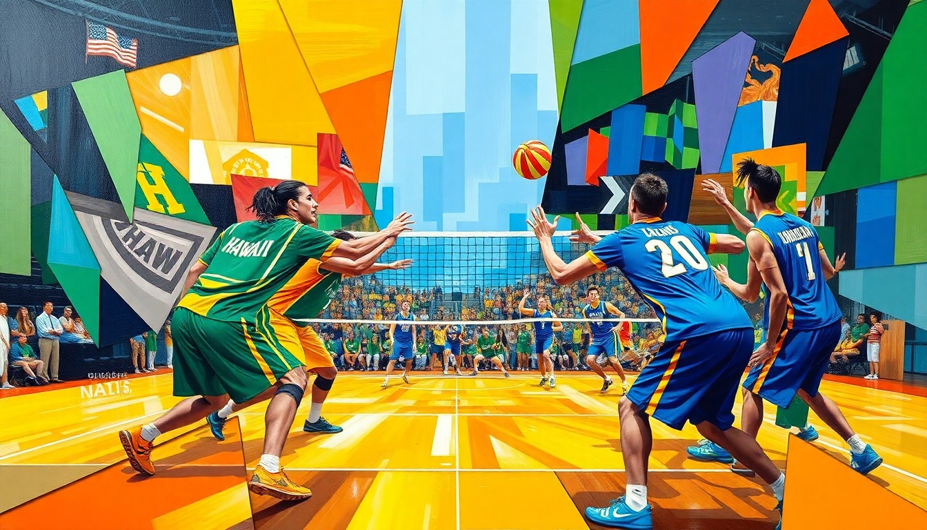 A fragmented, cubist-style painting depicting the action and energy of a volleyball match between Hawaii and UC Irvine, with the players' movements and uniforms broken down into sharp, overlapping geometric shapes and planes of color.