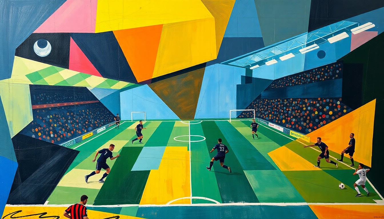 An abstract, cubist-style painting depicting a football game, with the players and field broken down into sharp, overlapping geometric shapes and planes of color, capturing the dynamic energy and motion of the sport.