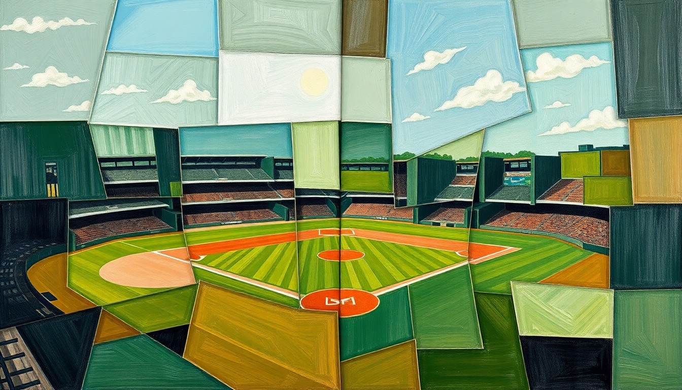 A cubist, geometric painting depicting a baseball diamond and soccer field broken down into overlapping planes of green, brown, and blue, conceptually representing the challenges of converting a multi-use sports venue.