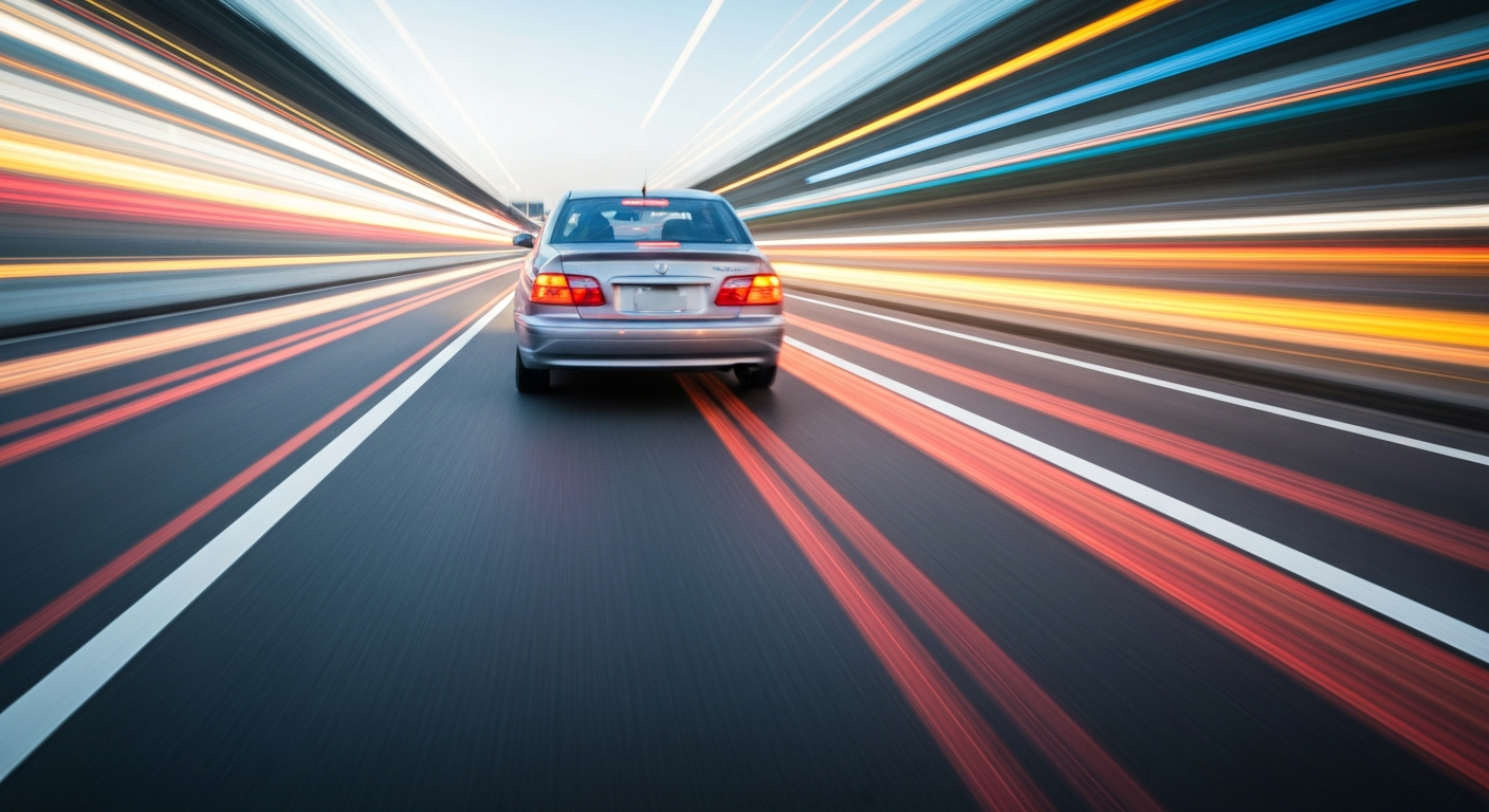 An abstract, blurred image of a car in reverse motion on a highway, conveying the chaos and risk of such a dangerous maneuver.