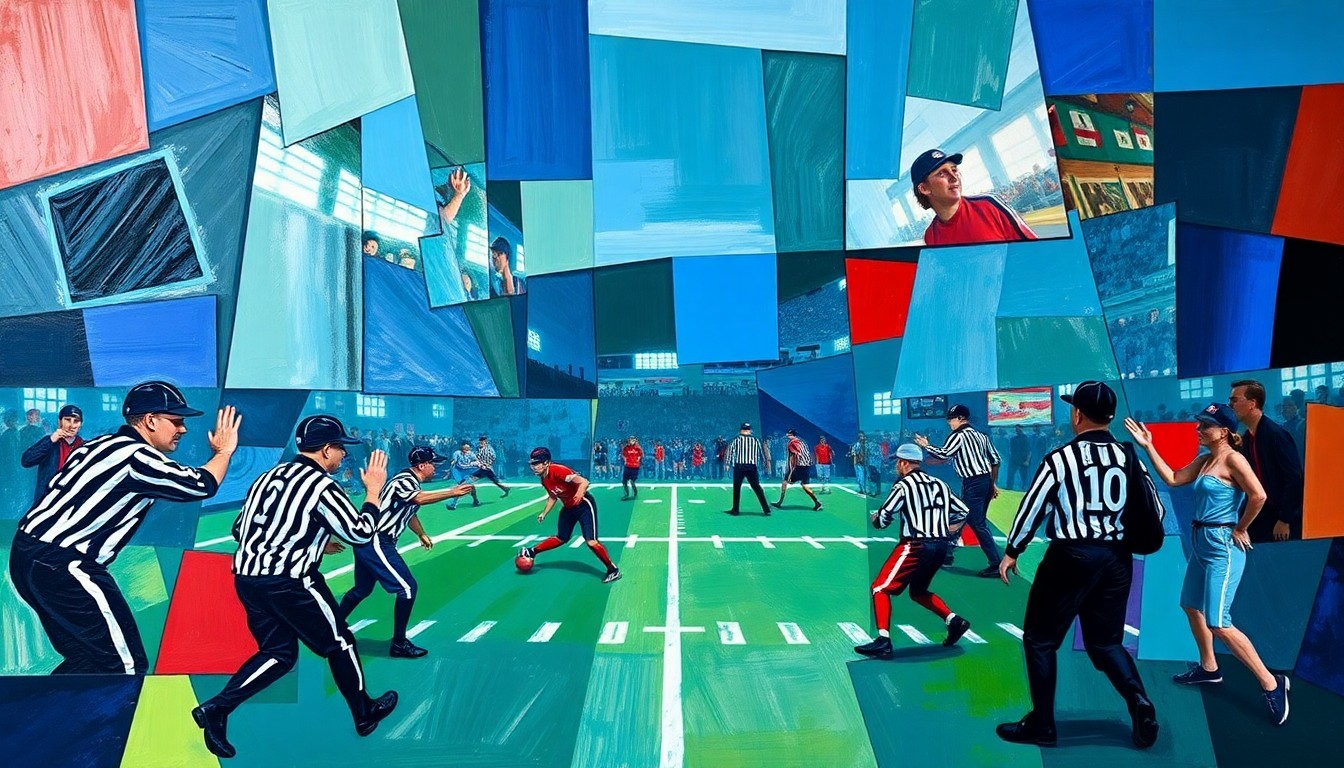 A fragmented, geometric painting depicting a football officiating scene, with sharp planes of color and no recognizable figures or text, conceptually representing the gender discrimination claims in the lawsuit.
