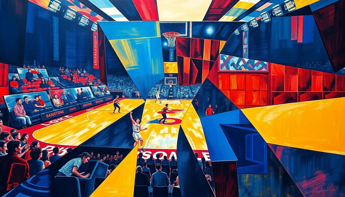 A fragmented, cubist-style painting depicting a women's basketball game, with the players and court broken down into sharp, overlapping geometric shapes in a palette of navy, crimson, and gold, conveying the team's collective energy and chemistry.