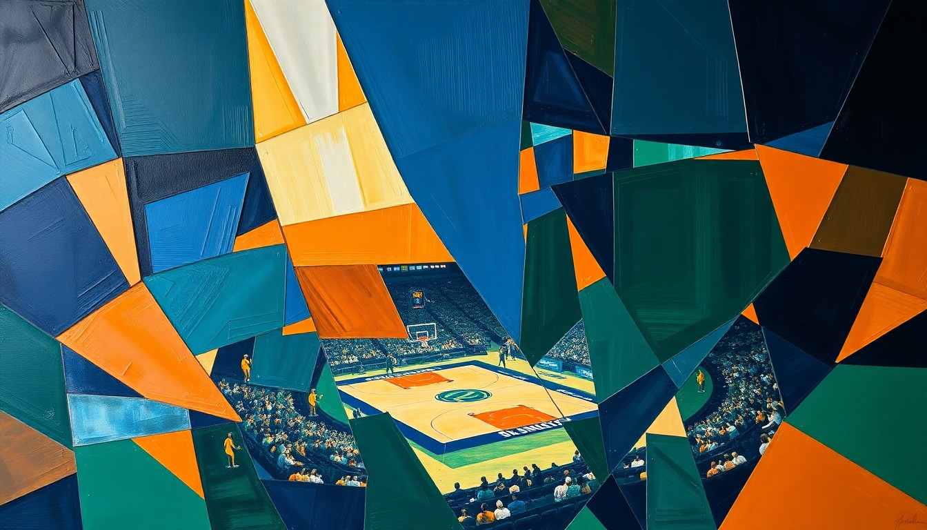 A cubist, geometric painting depicting the action and energy of a college basketball championship game, with sharp, overlapping shapes and planes in navy blue, orange, and green.