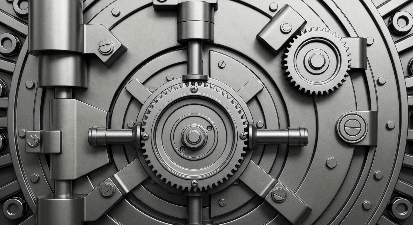 An extreme close-up of the intricate gears and locking mechanisms of a bank vault door, conveying a sense of financial security and stability.