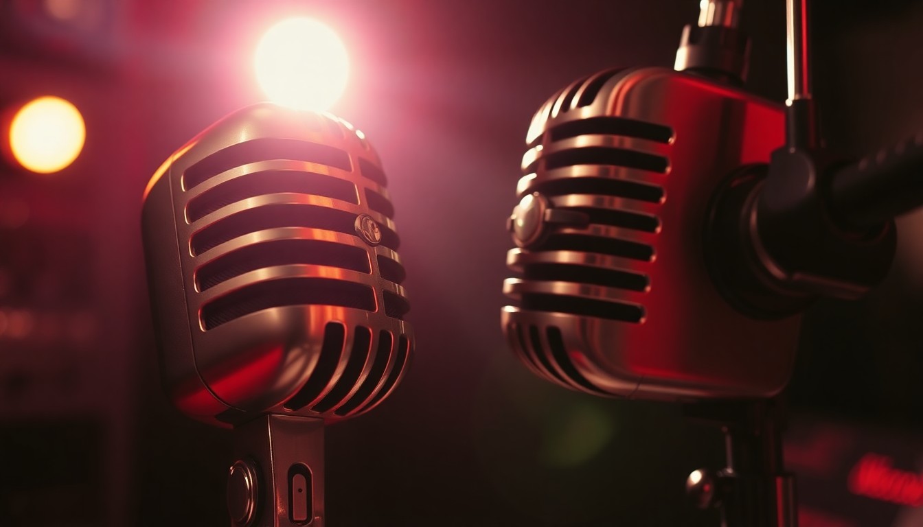 An extreme close-up photograph of a vintage radio microphone in dramatic high-contrast studio lighting, capturing the glamour and energy of a beloved local radio show.
