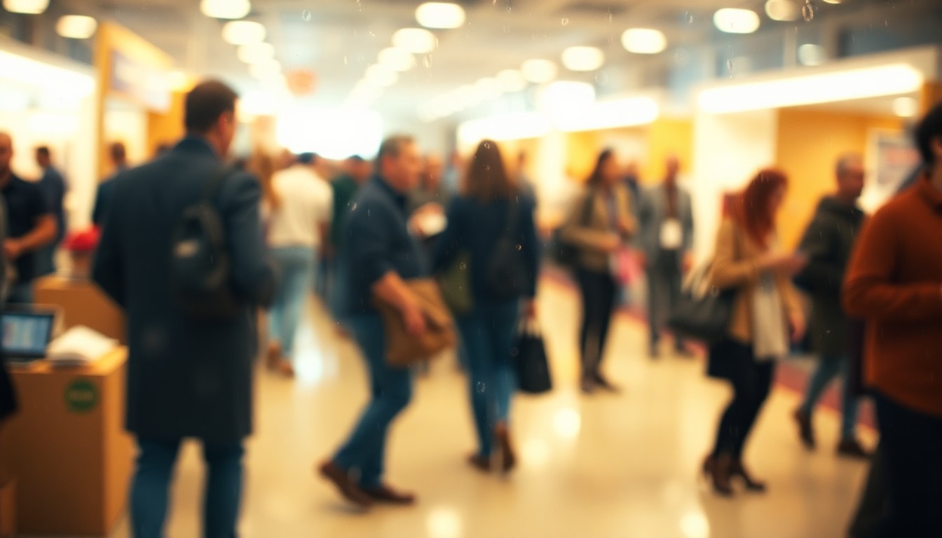 An abstract, impressionistic scene of a crowded indoor space with blurred figures, warm lighting, and soft pools of color, conveying the energy and community spirit of a career fair event.