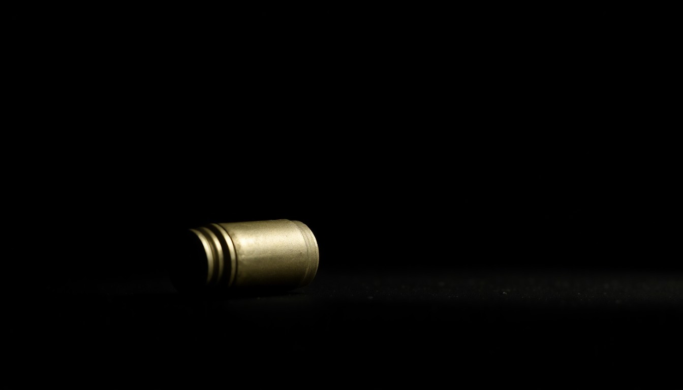 An extreme close-up photograph of a spent shell casing reflecting a bright flash of light, conceptually illustrating the use of forensic technology to investigate gun-related crimes.