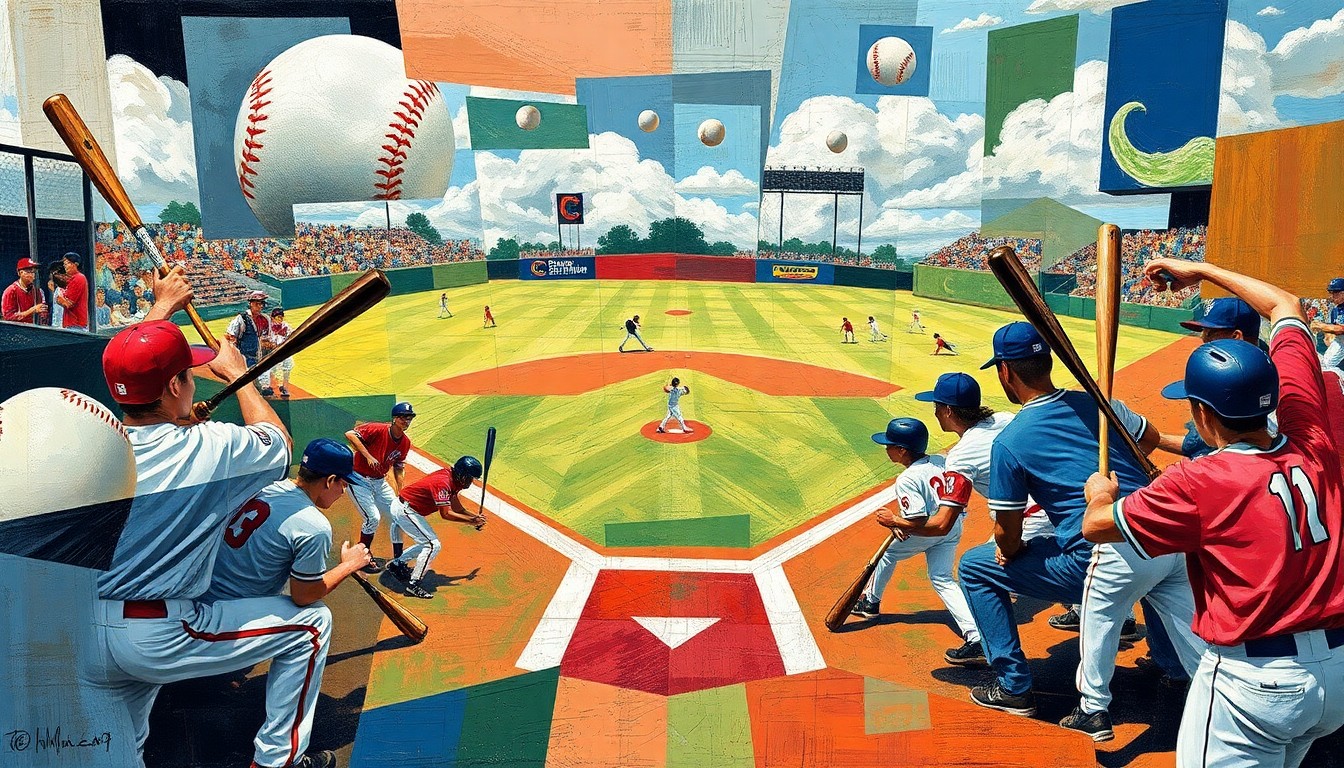 A cubist-style painting featuring overlapping geometric shapes and planes representing baseball players, bats, and baseballs, capturing the dynamic action and energy of a high school baseball game.