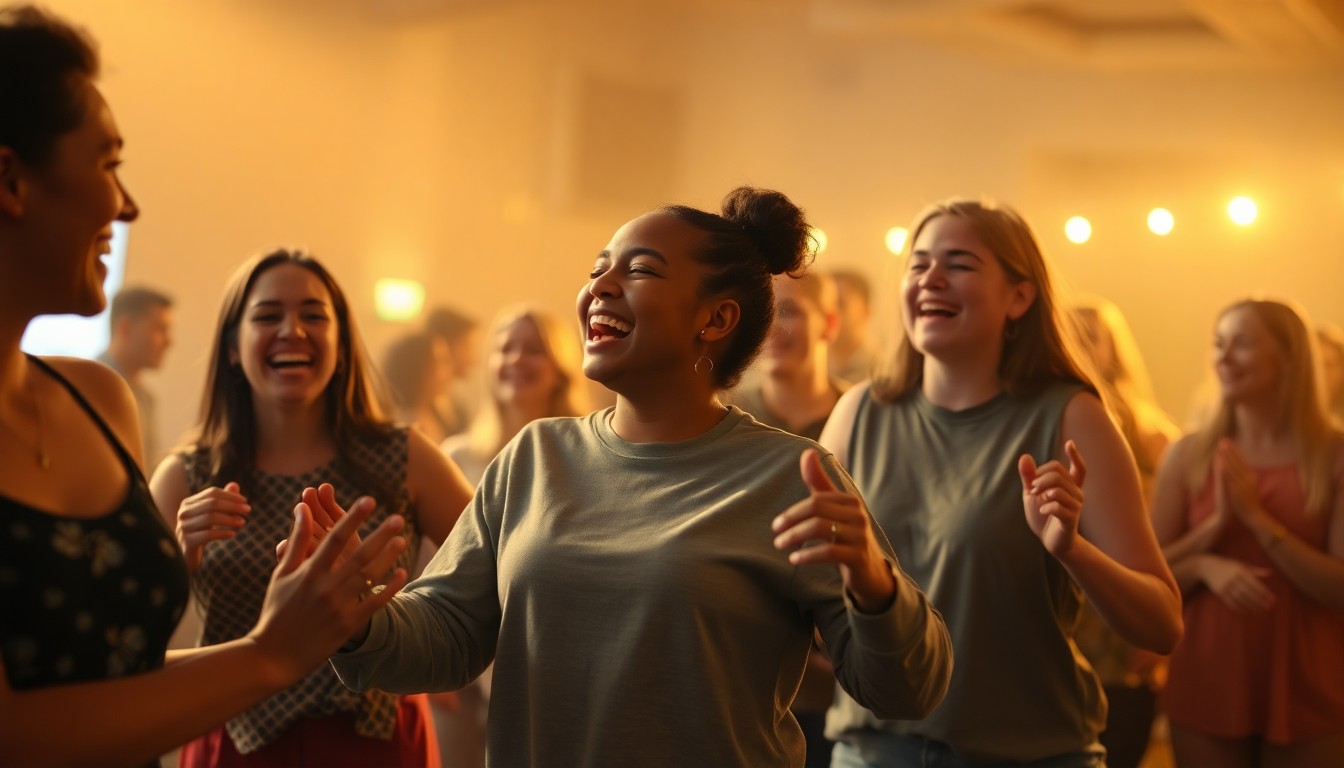An abstract, impressionistic photograph in soft, warm tones depicting a group of people moving and interacting in a blurred, dreamlike setting, conveying a sense of joy and togetherness.