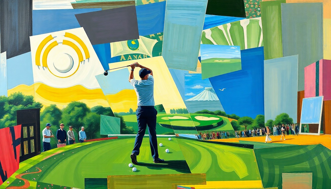 A cubist, geometric painting depicting a fragmented, multi-angled view of a golfer's swing or a scene from the Masters tournament, capturing the evolving nature of the sport.